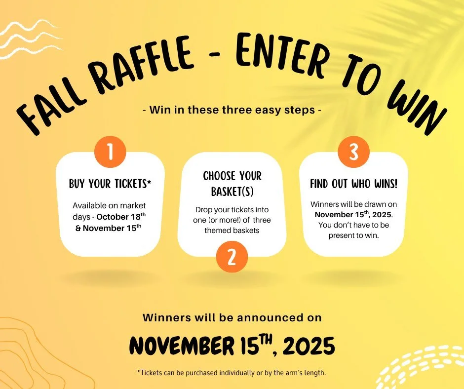 ποΈ Basket Raffle at the Market! ποΈ
We’re closing out the season with 3 themed baskets filled with local goodies — and 3 chances to win!
Here’s how it works:
1οΈβ£ Buy your tickets on Oct 18 or Nov 15 (individually or by the arm&rs