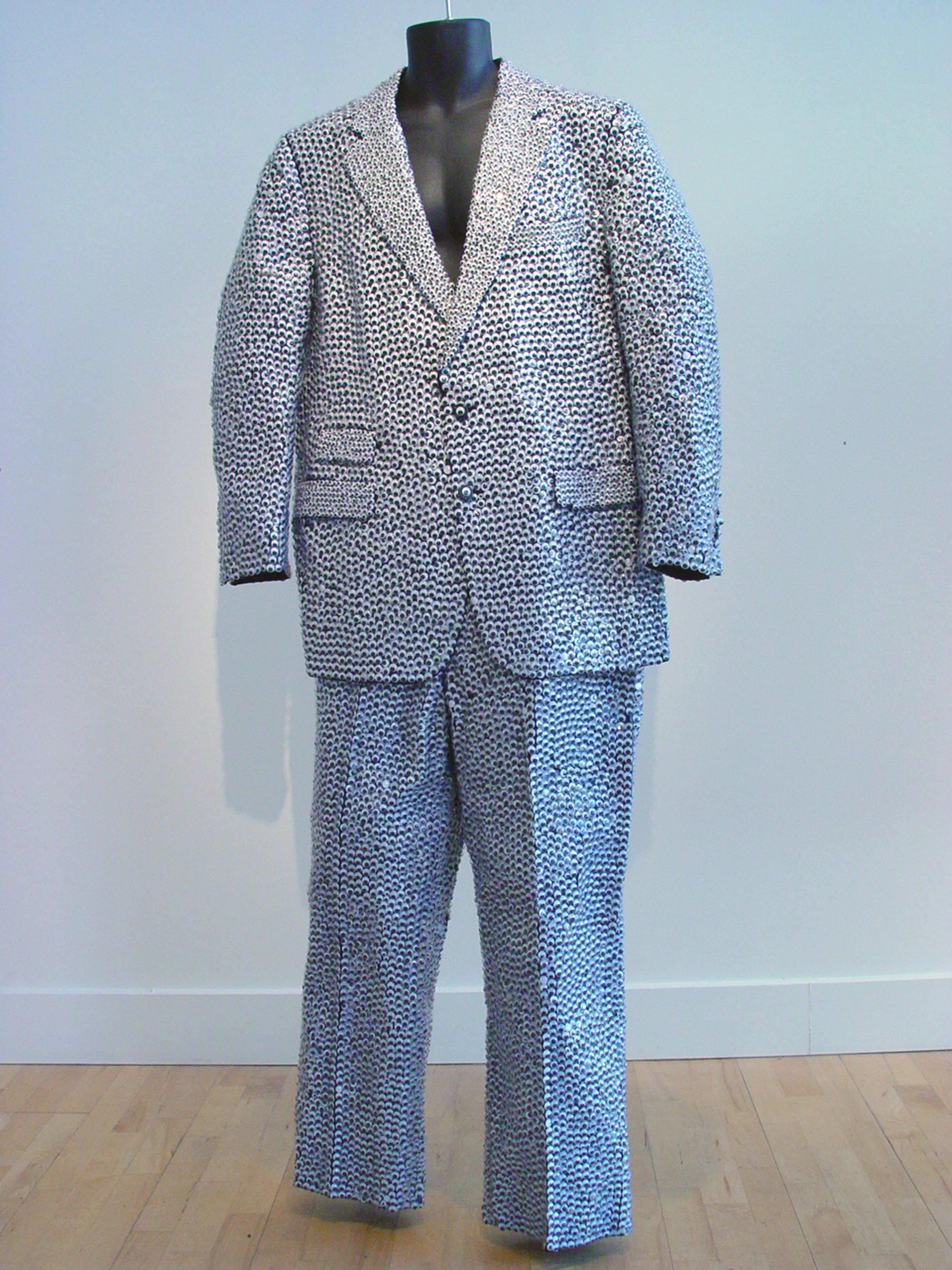 Garment for the Perpetually Insecure. Wool blend mens suit, adhesive, wiggle eyes.