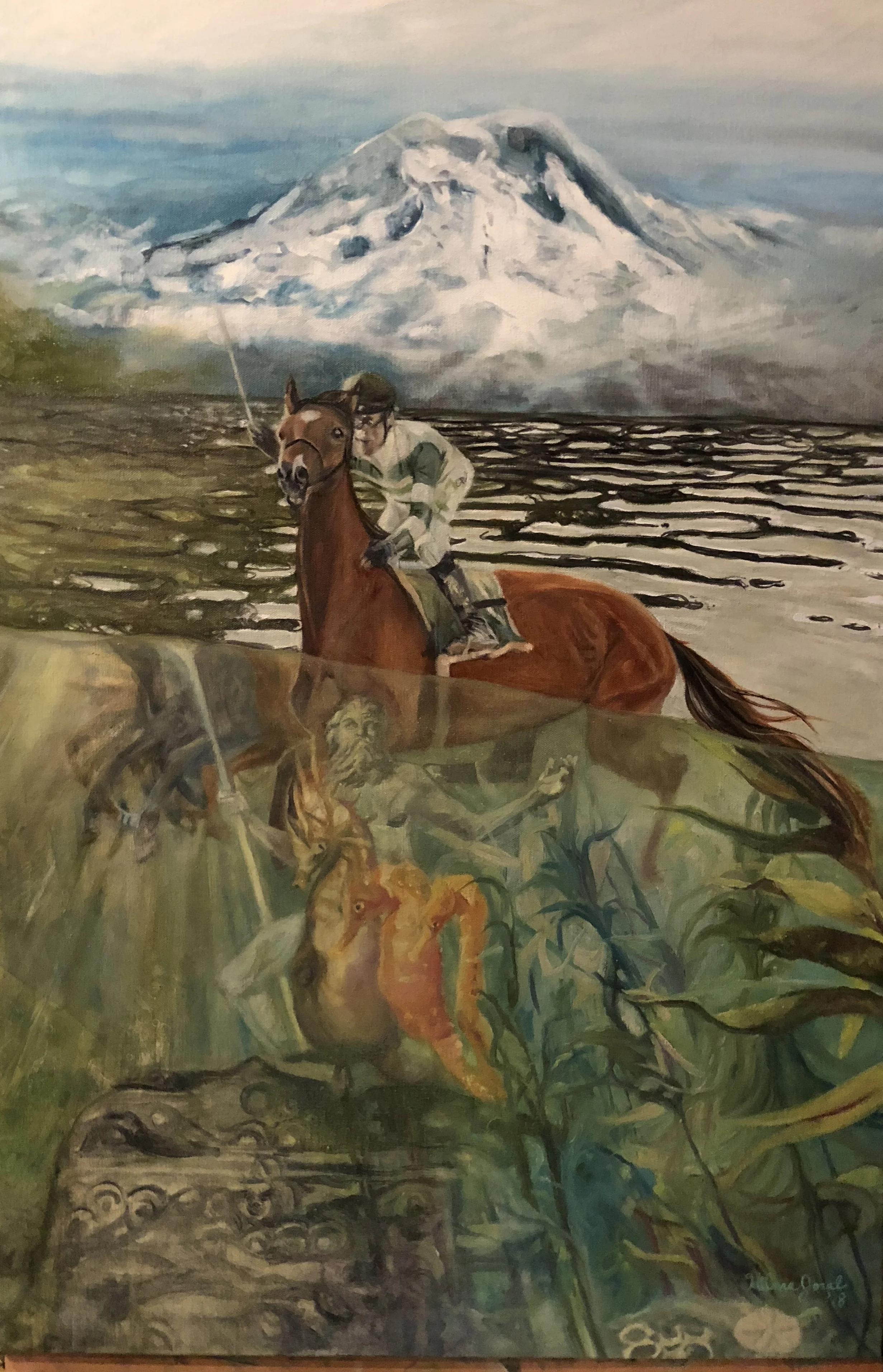 The top of the tryptic is flat and the underwater portion I put three layers of translucent green oil. I used a leaf blower to make it smooth! Here is a trippy angle where the glossy half is more visible: