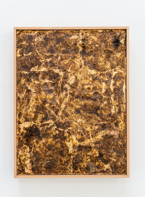 Untitled, 2016. Ignited gunpowder, gold leaf, acrylic copolymer, on panel. 9”x12” 