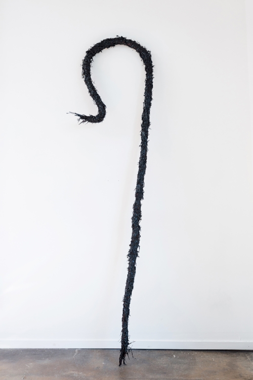 Watch your fucking mouth Straw bailing wire, aqua resin and enamel paint, 72x24x5", 2017.