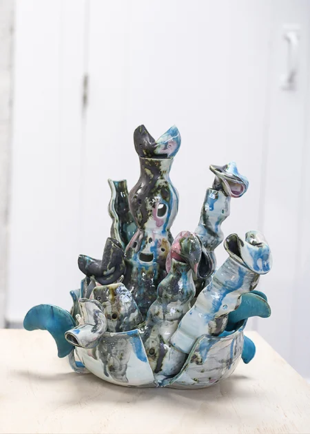 Jiha Moon, GFCC (Good Fortune Cookie Cake), 2018. Earthenware, underglaze, glaze. 15in x 12in x 11in. Photo Credit: Phillip Maisel.