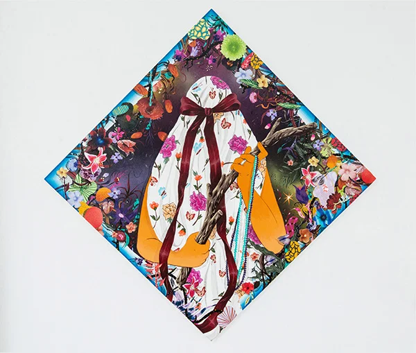 Amir H. Fallah, Bow , 2016. Acrylic on panel. 24 × 24 inches. Image Credit Hasain Rasheed..