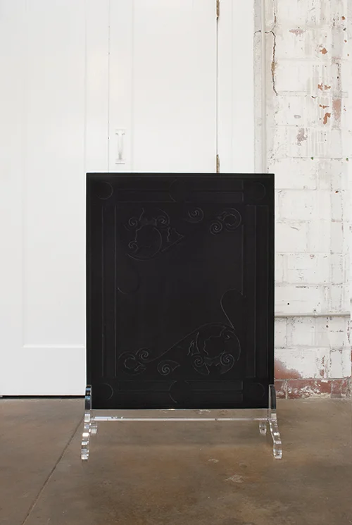Amy Garofano Window (Fire Screen), View 1 2018 Velvet, wood, acrylic 37.25 × 25.25 × 12.5 in