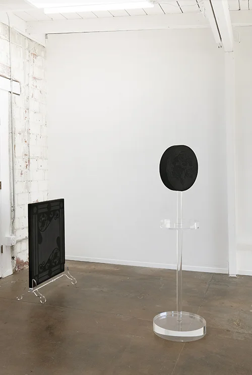 Amy Garofano Left: Wndow (Fire Screen) Right: Window (Stand) Both, 2018 Both, Velvet, wood, acrylic