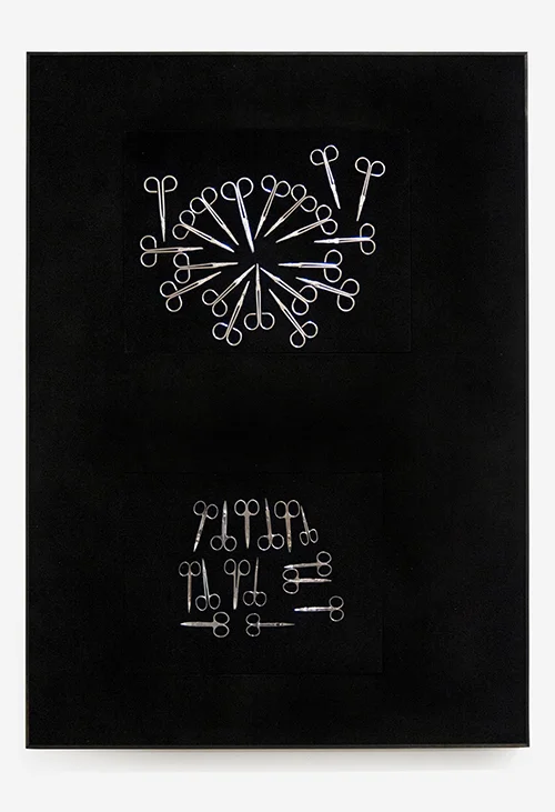 Jesse Robinson 20 PAIRS OF SCISSORS AIRPORT CONFISCATION LOT 619Eand 15 NAIL ART SCISSORS AIRPORT CONFISCATION LOT 711D 2018 Confiscated scissors, wood, epoxy putty, microfiber, and magnets 36 × 48 × 1.5 in