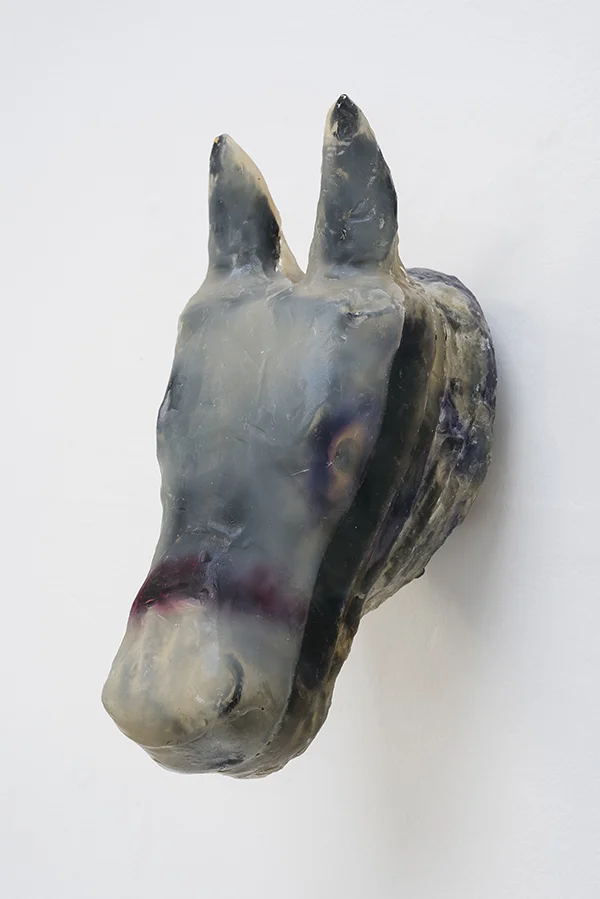 Bri Williams, Medusa , 2018, detail. Carousel horse, soap, bike mirror, red wax, bricks. Interface Gallery. Photo credit: Phillip Maisel