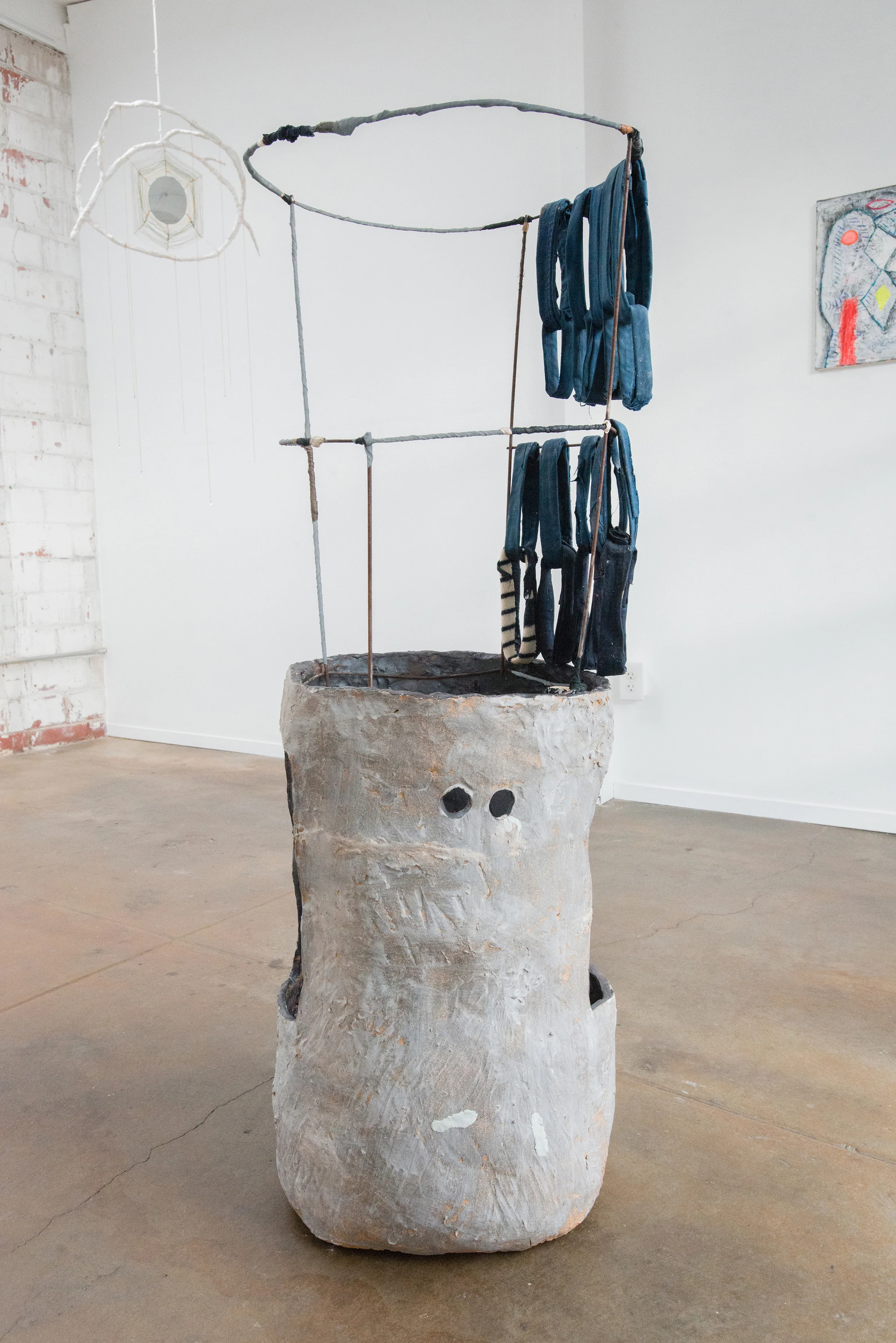Sahar Khoury. Untitled (tomato cage in base with four holes and two openings), 2018. Glazed ceramic, resin, paper textile mache, steel. Photo Credit: Hasain Rasheed.
