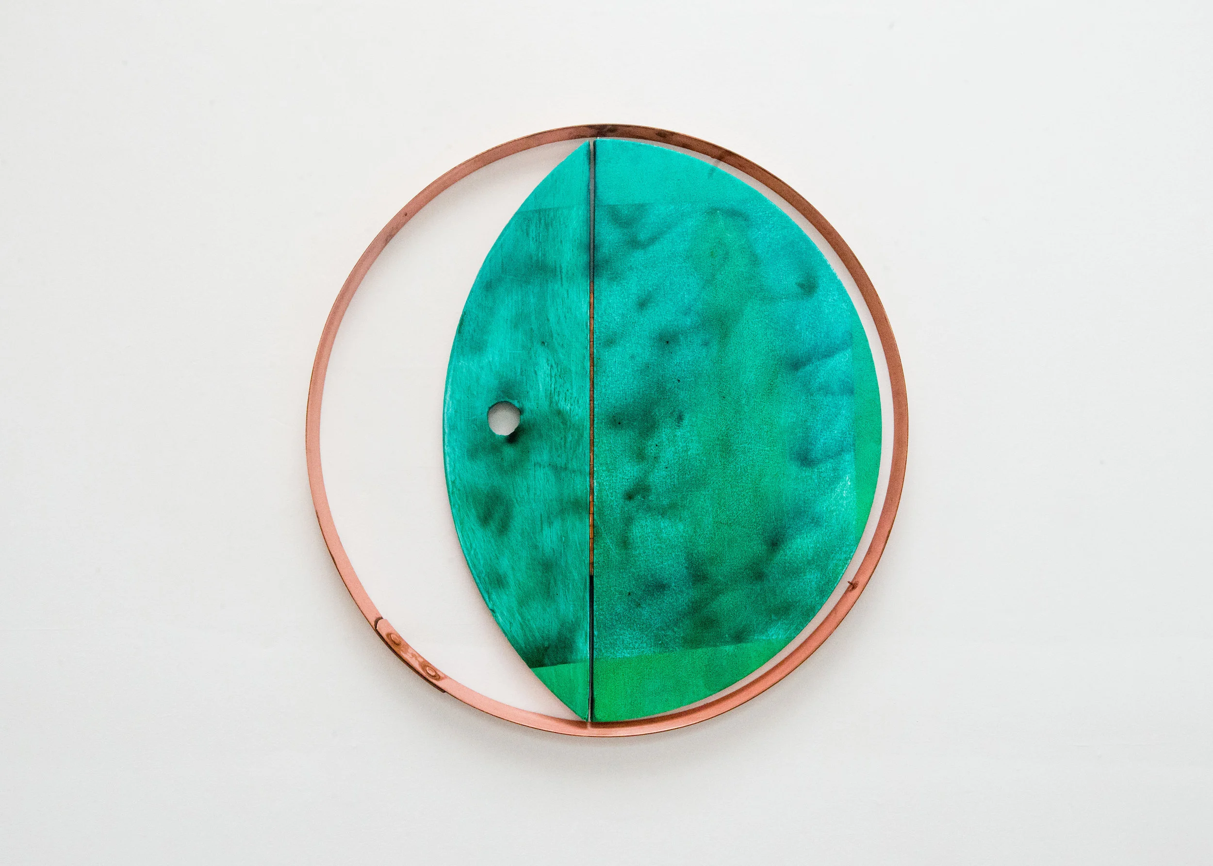 Lana Williams, Waxing Waning , 2018. Acrylic, oil, oil stick, smoke pigment, copper plated steel. 24.5 x 24.5 inches.