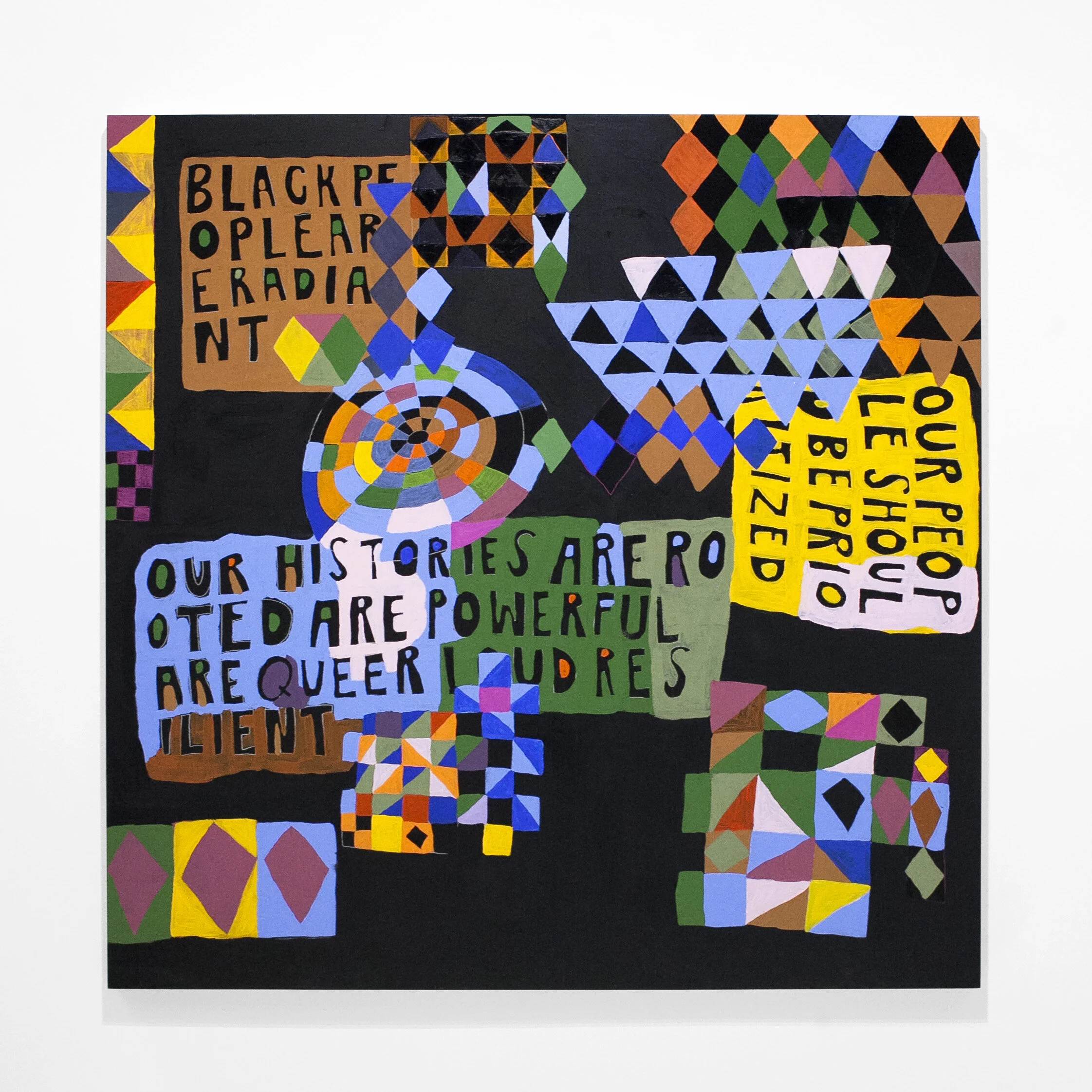 Lukaza Branfman-Verissimo, Our People Should be Prioritized, Acrylic, gouache, flash, chalk board paint &amp; colored pencil on panel, 60” x 60”, 2019