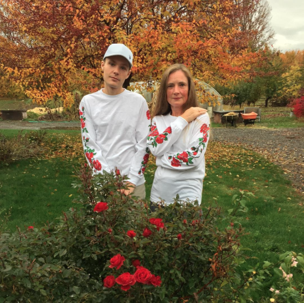 Scott and his mother wearing his rose-patterned shirts.