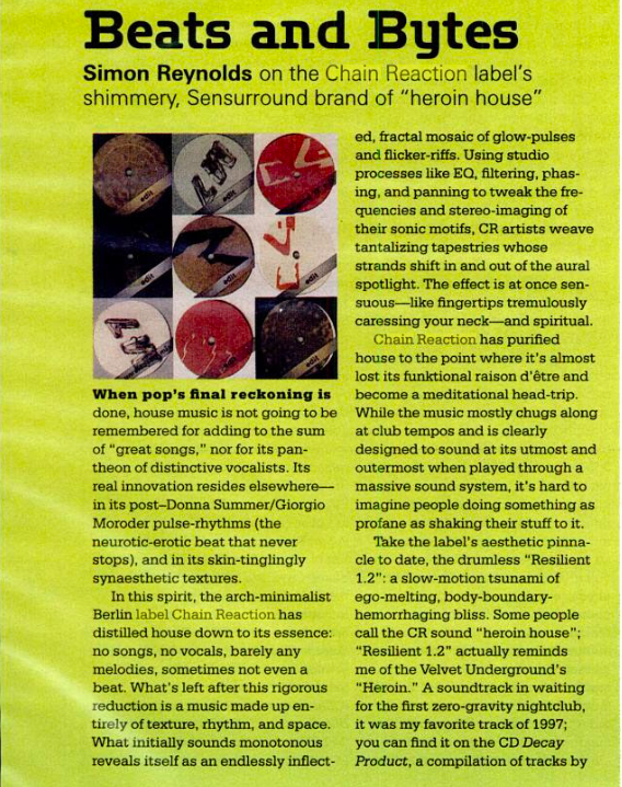 The April 1998 issue of Spin , Simon Reynolds explaining dub techno to the masses.