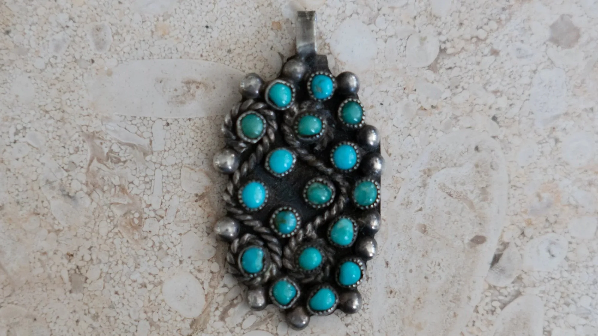 17 Stone Inlay Zuni Petit Point Turquoise Pendant