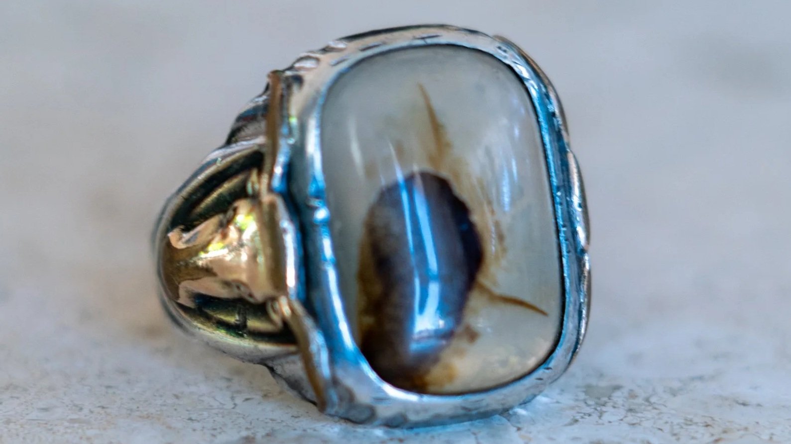 Rare 1930s Ostby & Barton Steer Head Motif Agate Ring Size-10
