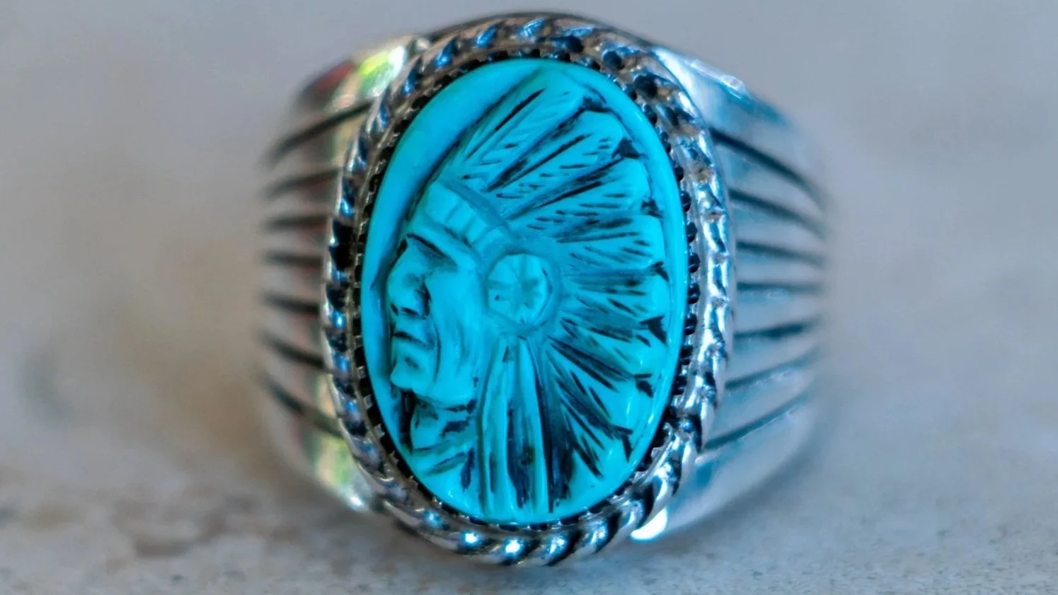 Hand Carved Chief Turquoise Ring Size-10.5