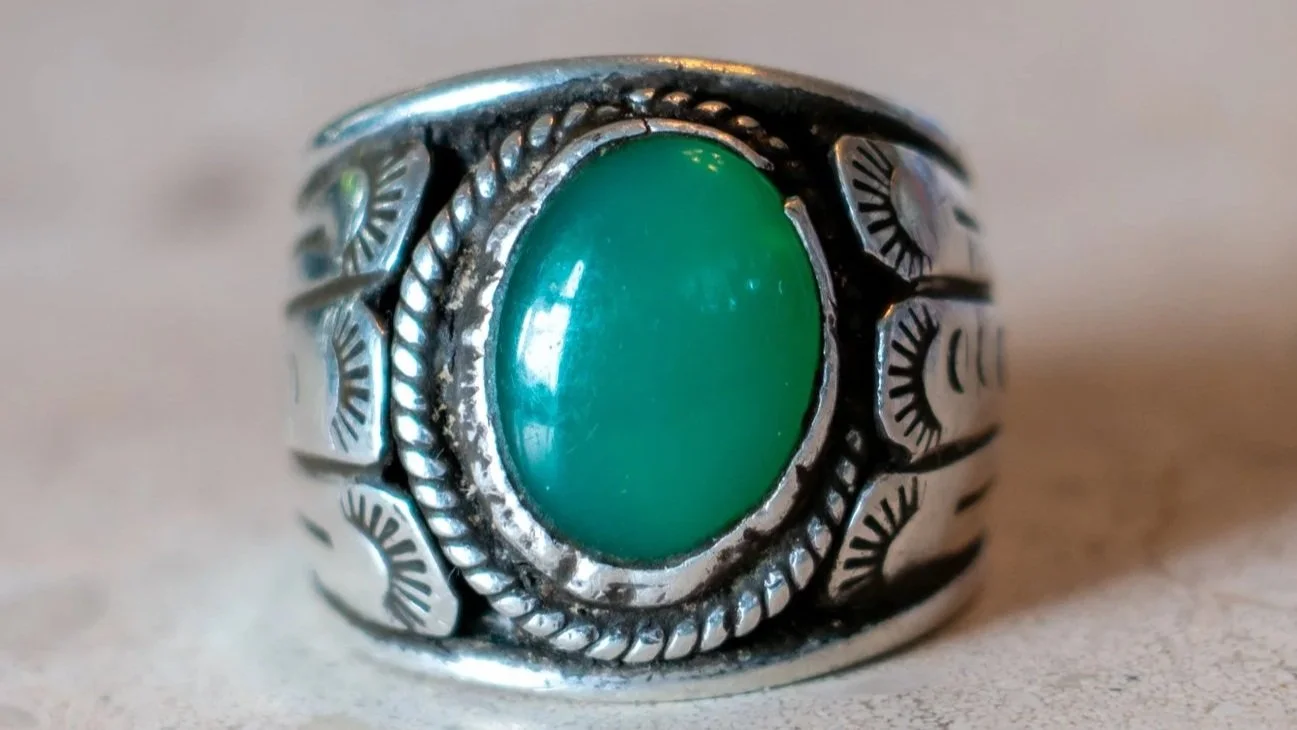 Unique Handmade Cigar Band w/ Jadeite Stone and Pictomark Owl Size-11.5