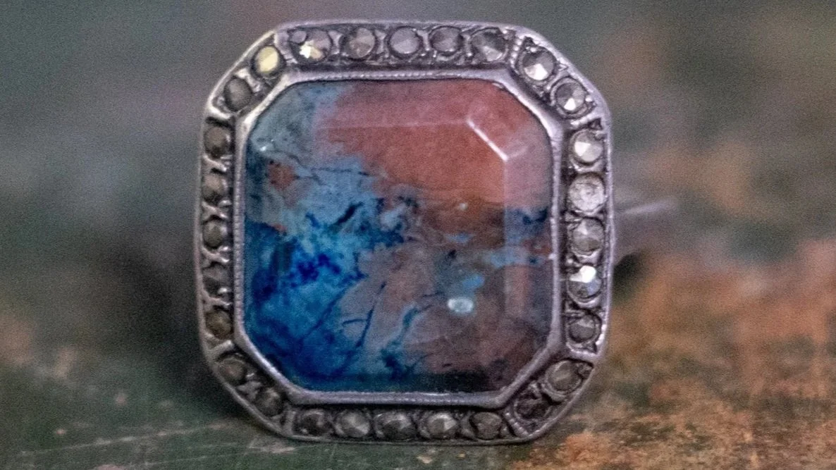 Victorian Chrysocolla and Rhinestone Ladies Cocktail Ring Size-4.5