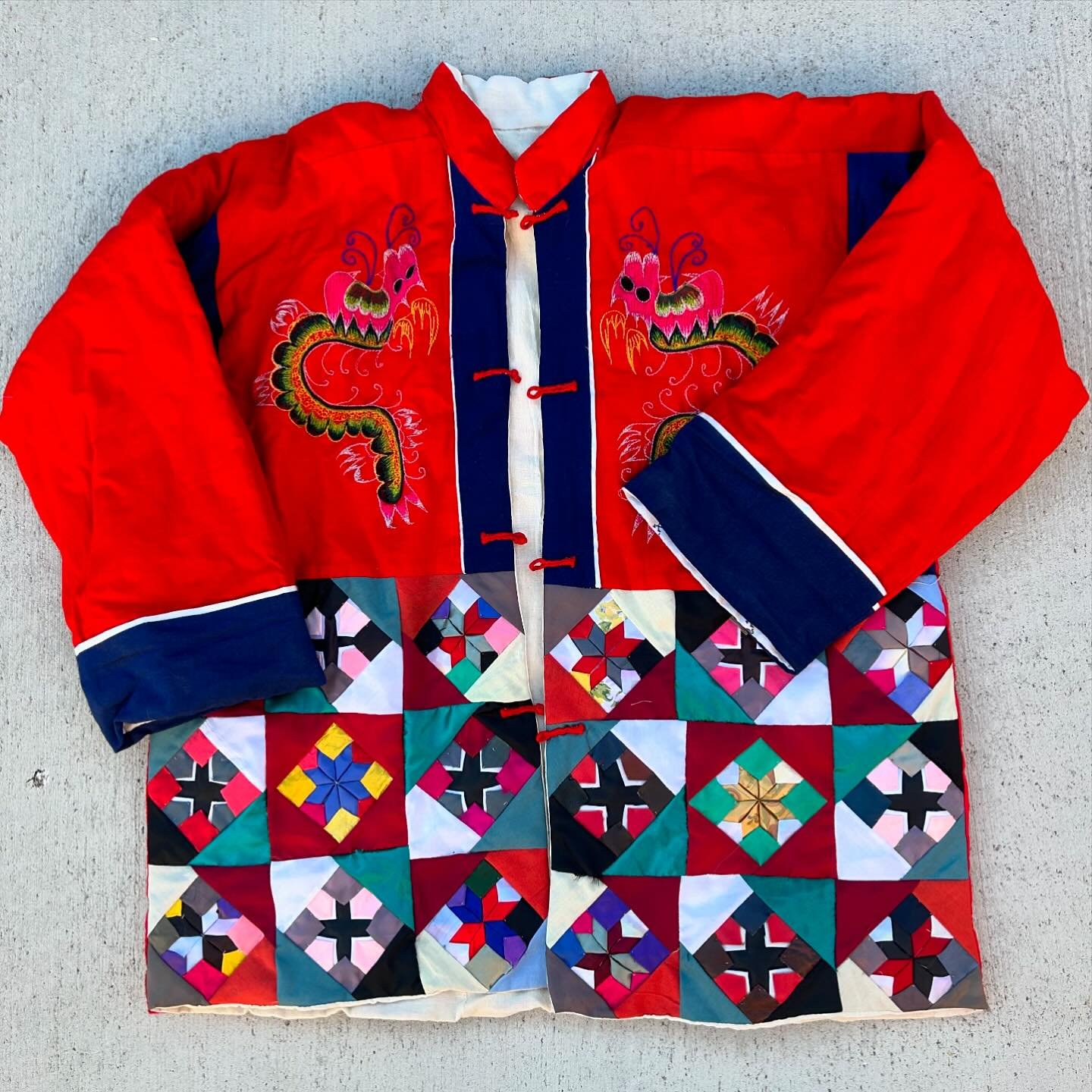 Pretty groovy souvenir jacket. I beleive it to be Chinese or Taiwanese dating from around the 1960s, if you have seen one before let me know. A lot of embroidery work and quilting with various fabrics throughout. Some of the applied pieces on the bac