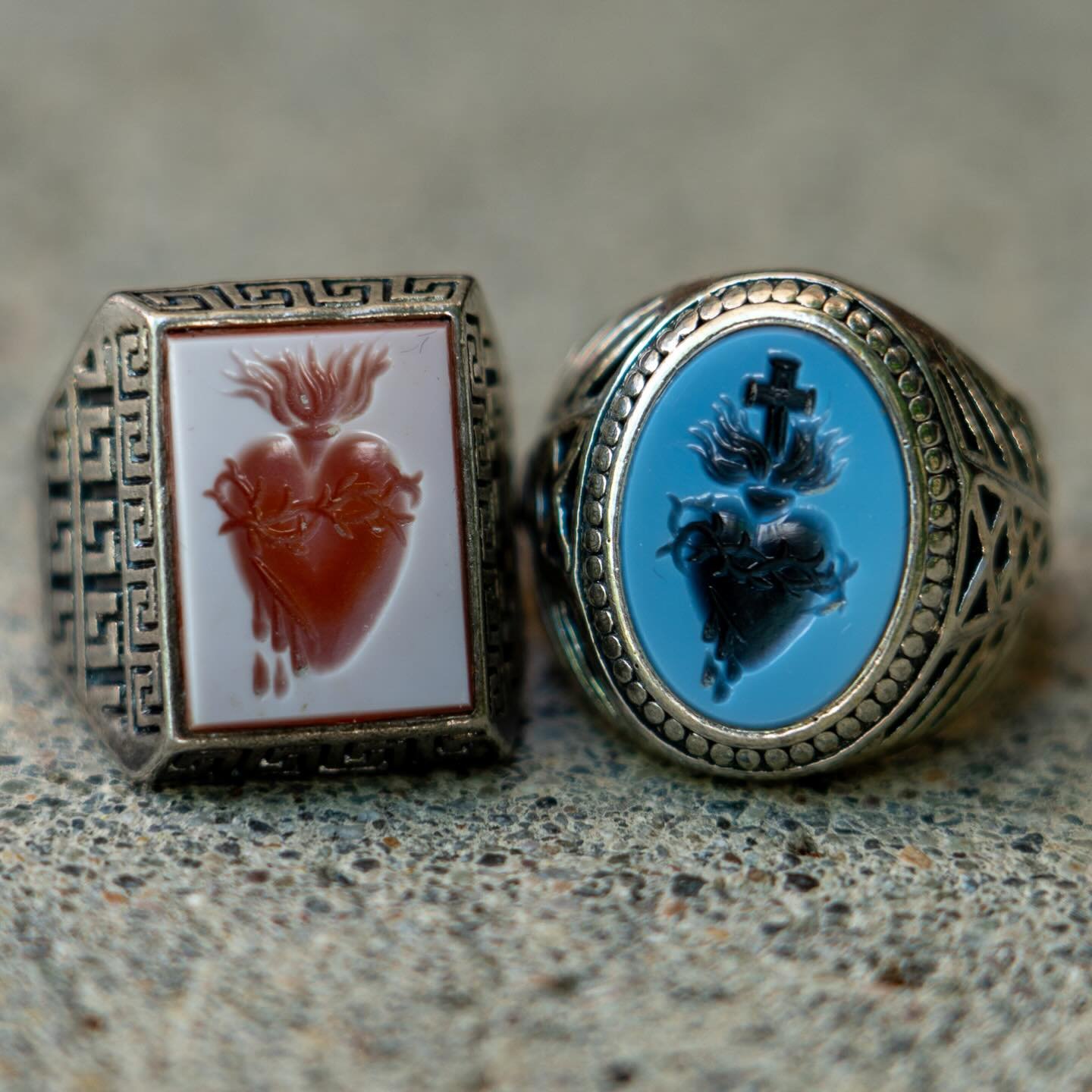 A couple beautiful early 1900s hand carved Sacred Heart Intaglio rings next to their wax impressions.

Kilroyvtg.com &hearts;️🗡️ 
Thanks for L👀King!