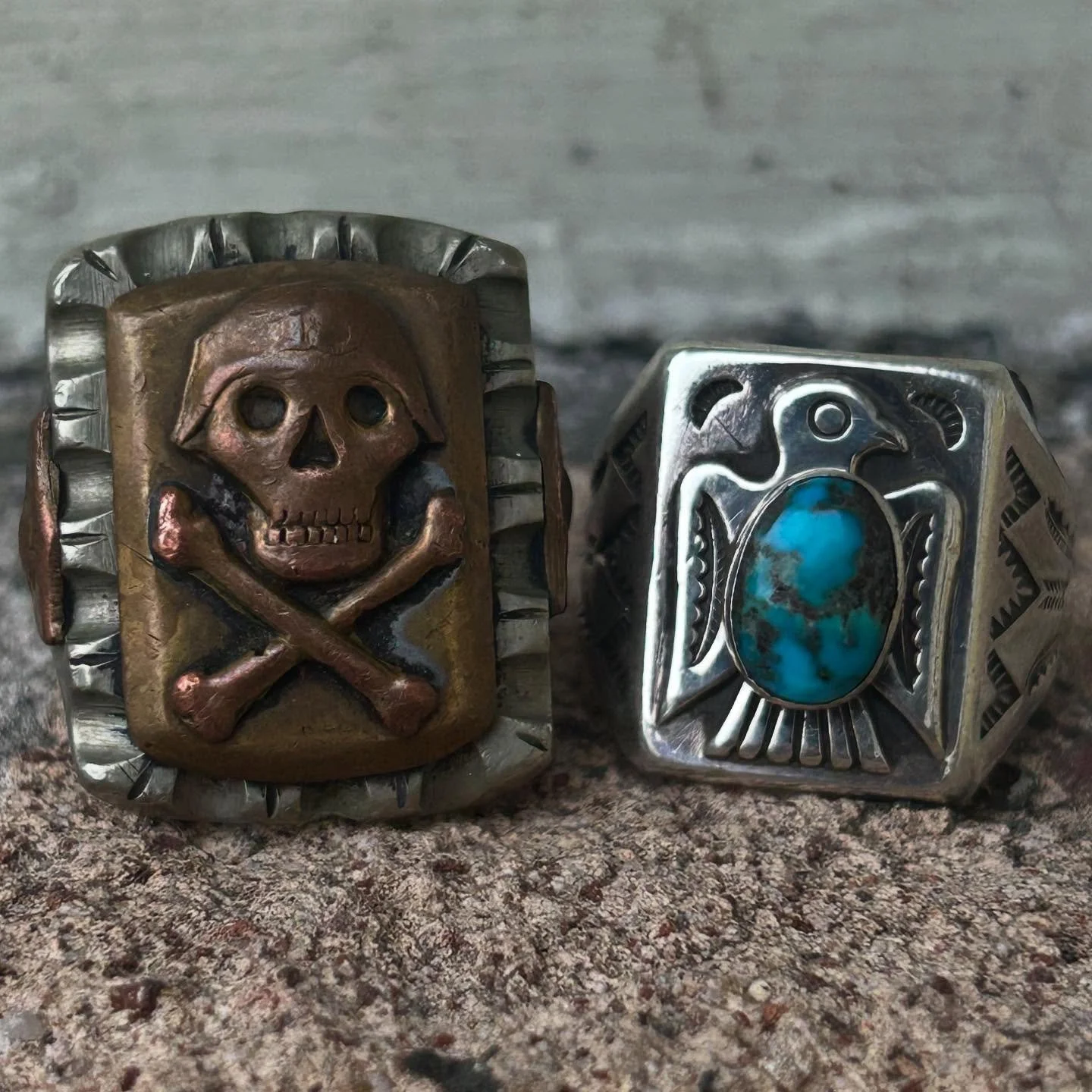 A couple hard to find banger mid century men&rsquo;s rings.

1940s Big and chunky peso casted &ldquo;Vader&rdquo; Skull Mexico souvenir ring. Size-9.5

1950s Bell trading post thunderbird with large turquoise setting one of the earliest versions of t