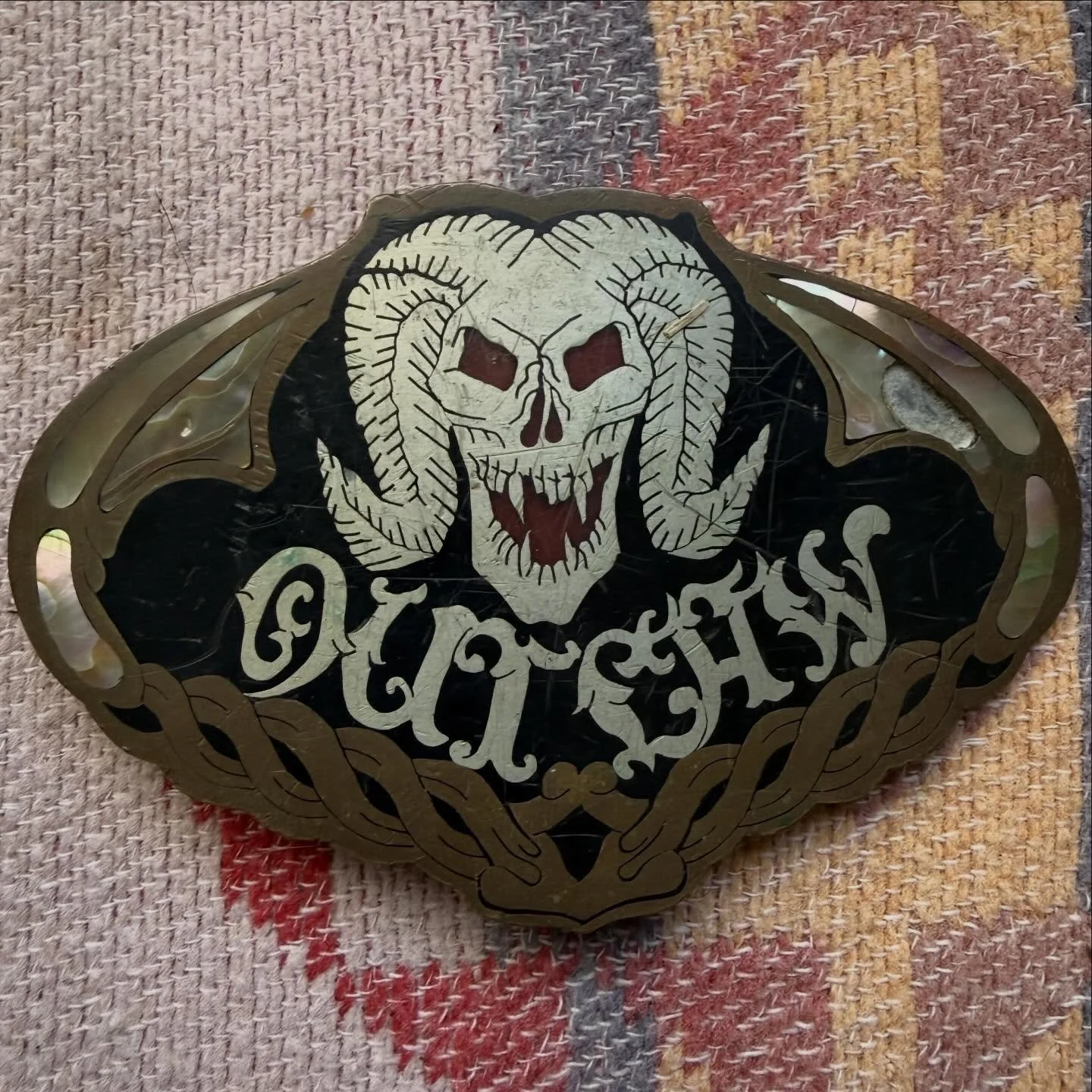 Custom 1970s &ldquo;Outlaw&rdquo; Biker buckle. Hand done abalone and resin inlaying on solid brass. Really unique piece, thanks for this @picker911 

DM for inquires 
Thanks for L👀King