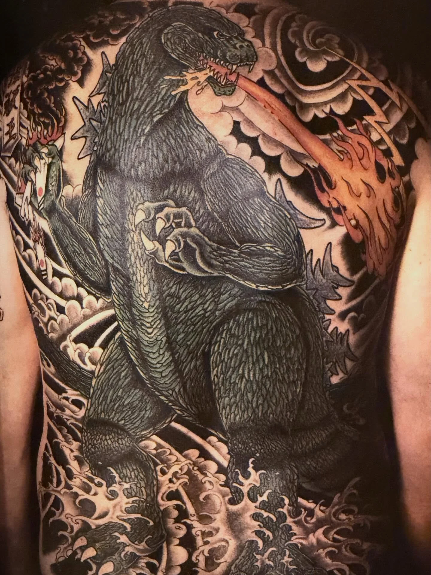 Mike Malone Godzilla back piece, circa 1985.