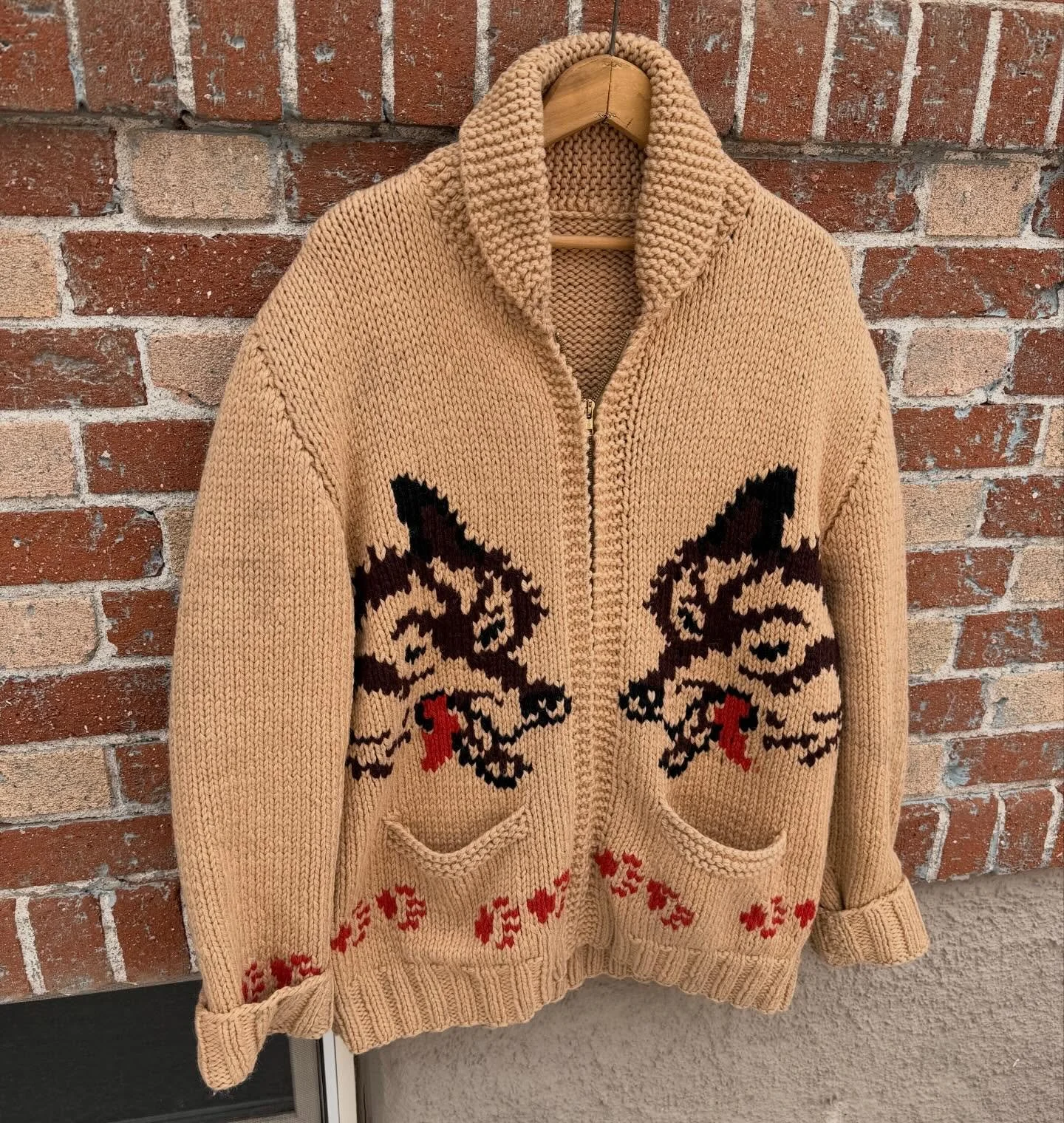 This Wolf Cowichan just got some screen time in the movie Project Hail Mary. Funny enough I think they used a modern reproduction for the film.

The original sweaters are from the 1950s and were hand knit in Cowichan British Columbia. The wolf image 
