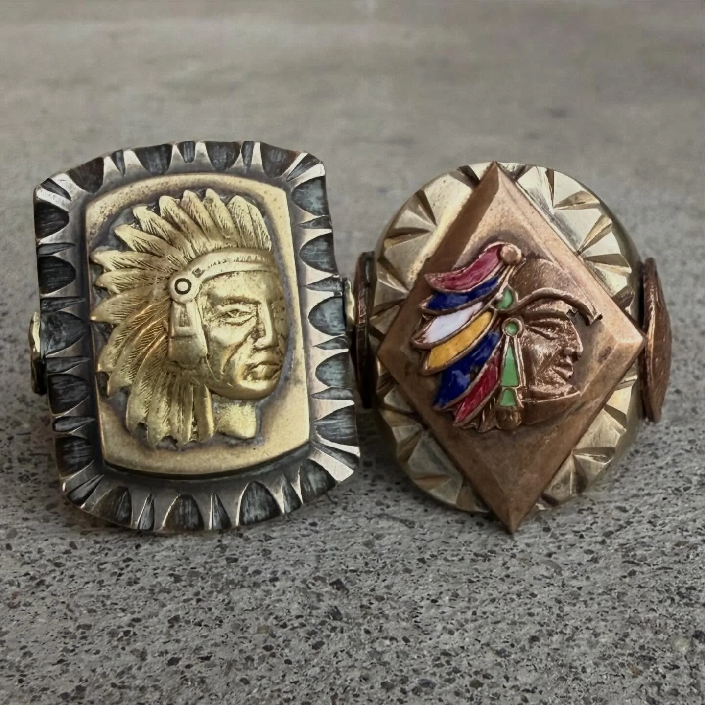 Two killer 1940s Mexico Souvenir rings aka Mexican Biker rings. Casted from peso metal, Hand scalloped sides with soldered side adornments and faces. Both are heavy in weight weighing 40 and 30 grams respectively. 

*Sold* Huge Chief head with dragon