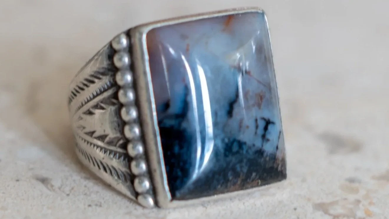 Excellent 1930s / 1940s Hand Silver smithed  Petrified Wood Ring Size-10