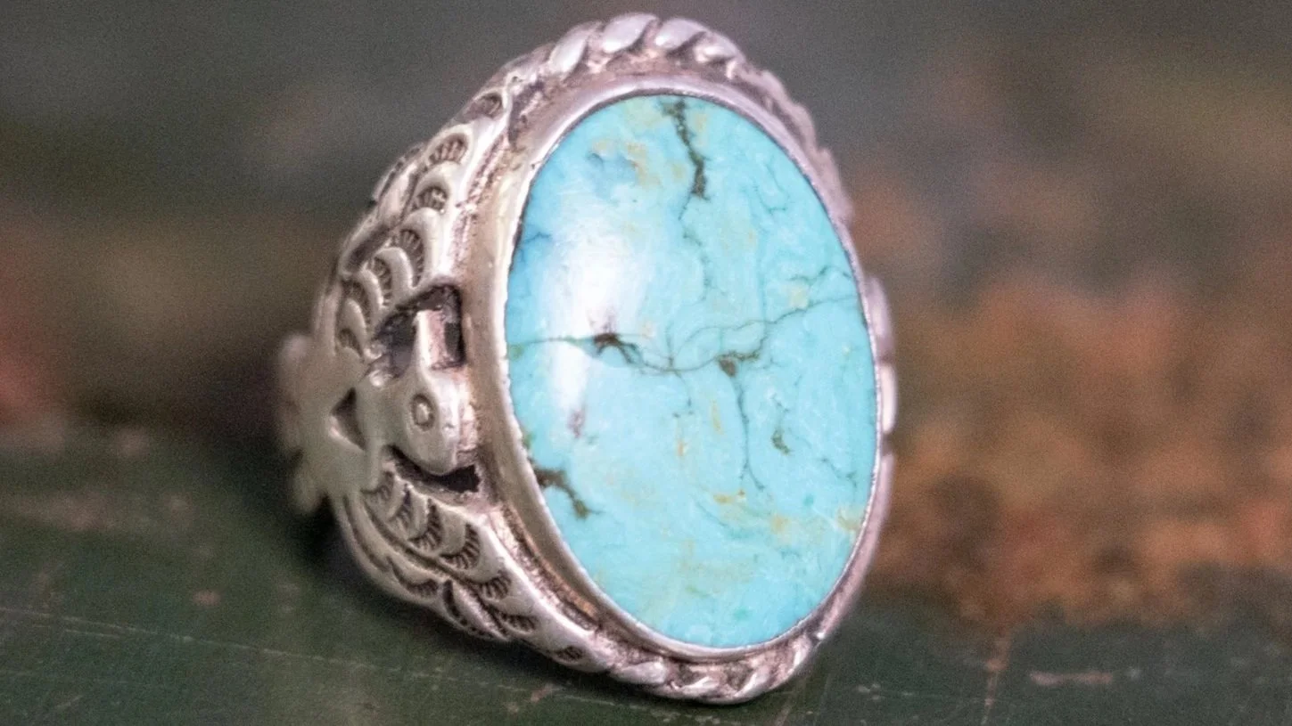 Fred Harvey Era Thunderbird Motif Turquoise Ring Size-8