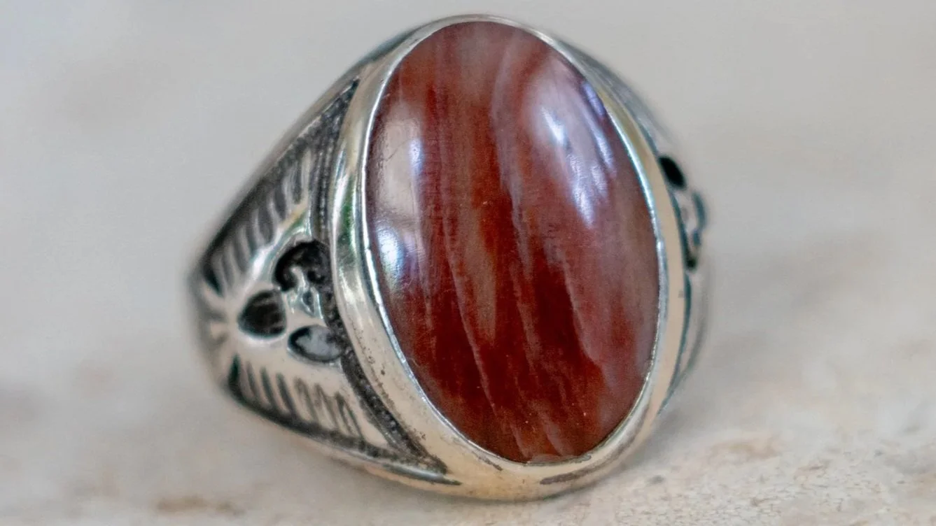 Sun Bell Petrified Wood Thunderbird Ring Size-10