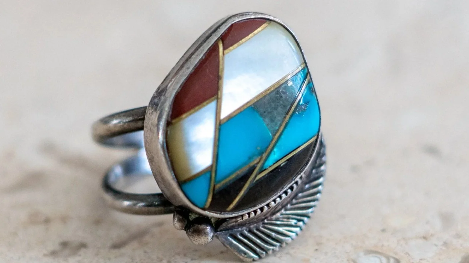 10k Gold & Sterling 1960s Multistone Zuni Inlay Size-8.5