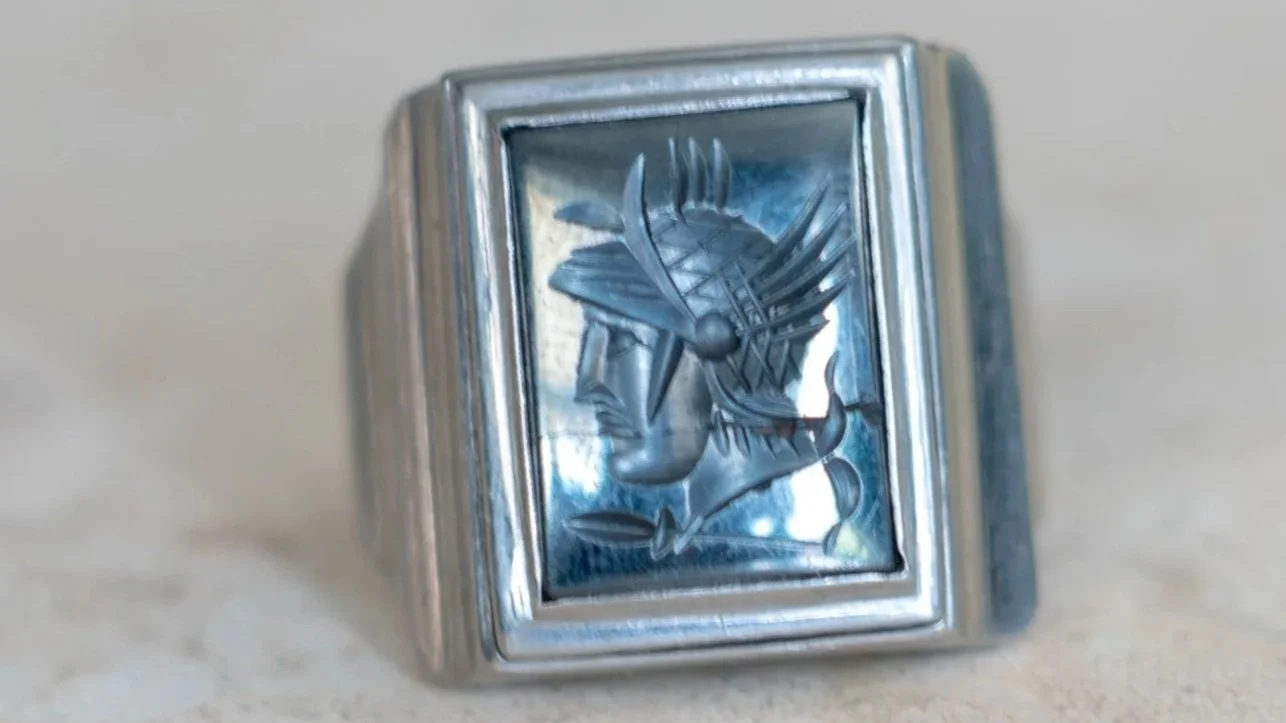 Large 1940s Chrome Art Deco Centurion Intaglio Ring Size-10