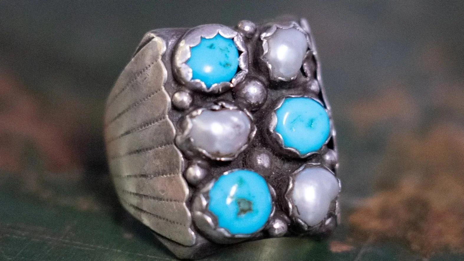 Huge Genuine Pearl and Turquoise Southwestern Ring Size-9