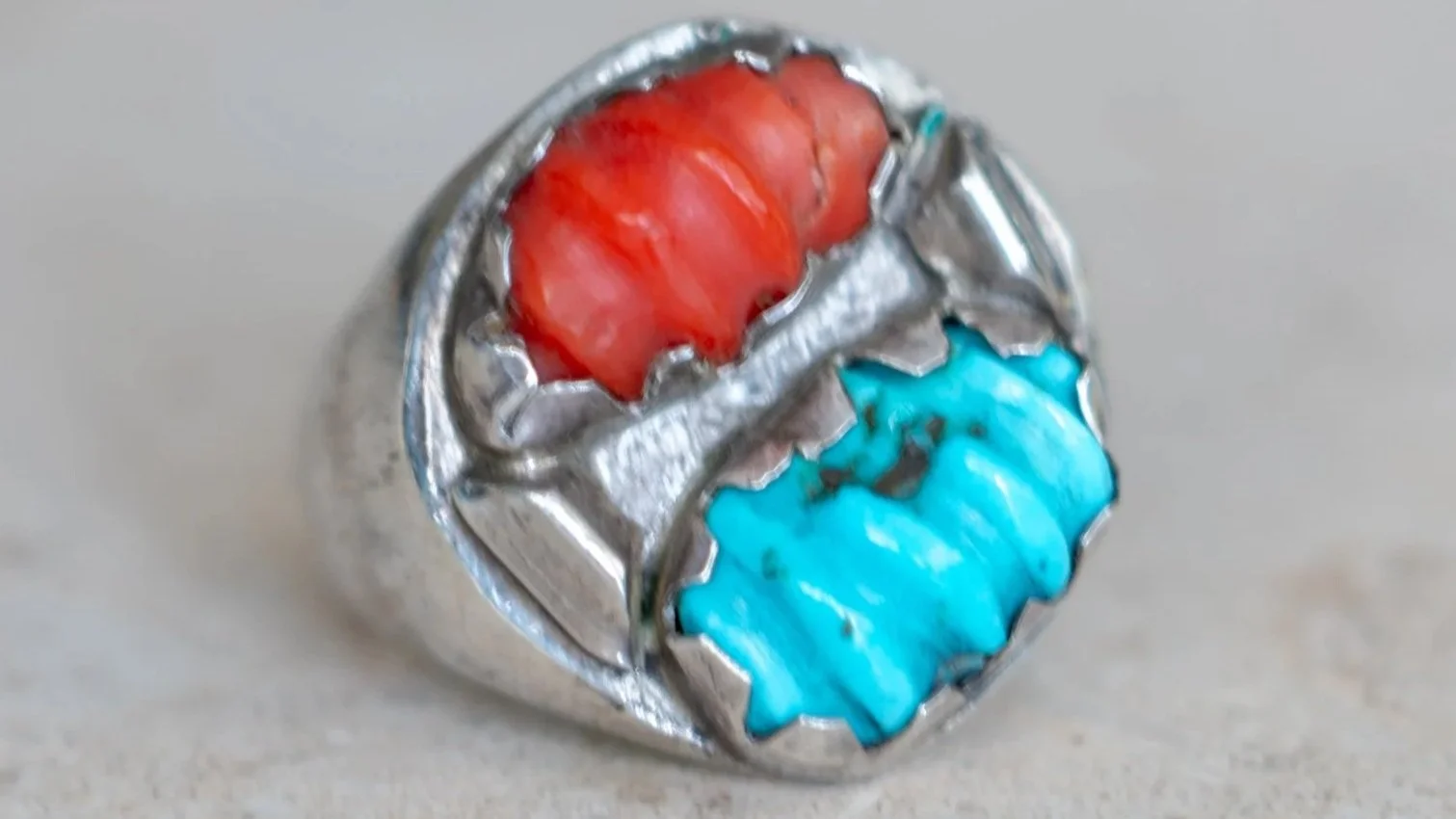 Carved Coral and Turquoise Southwest Ring Size-10