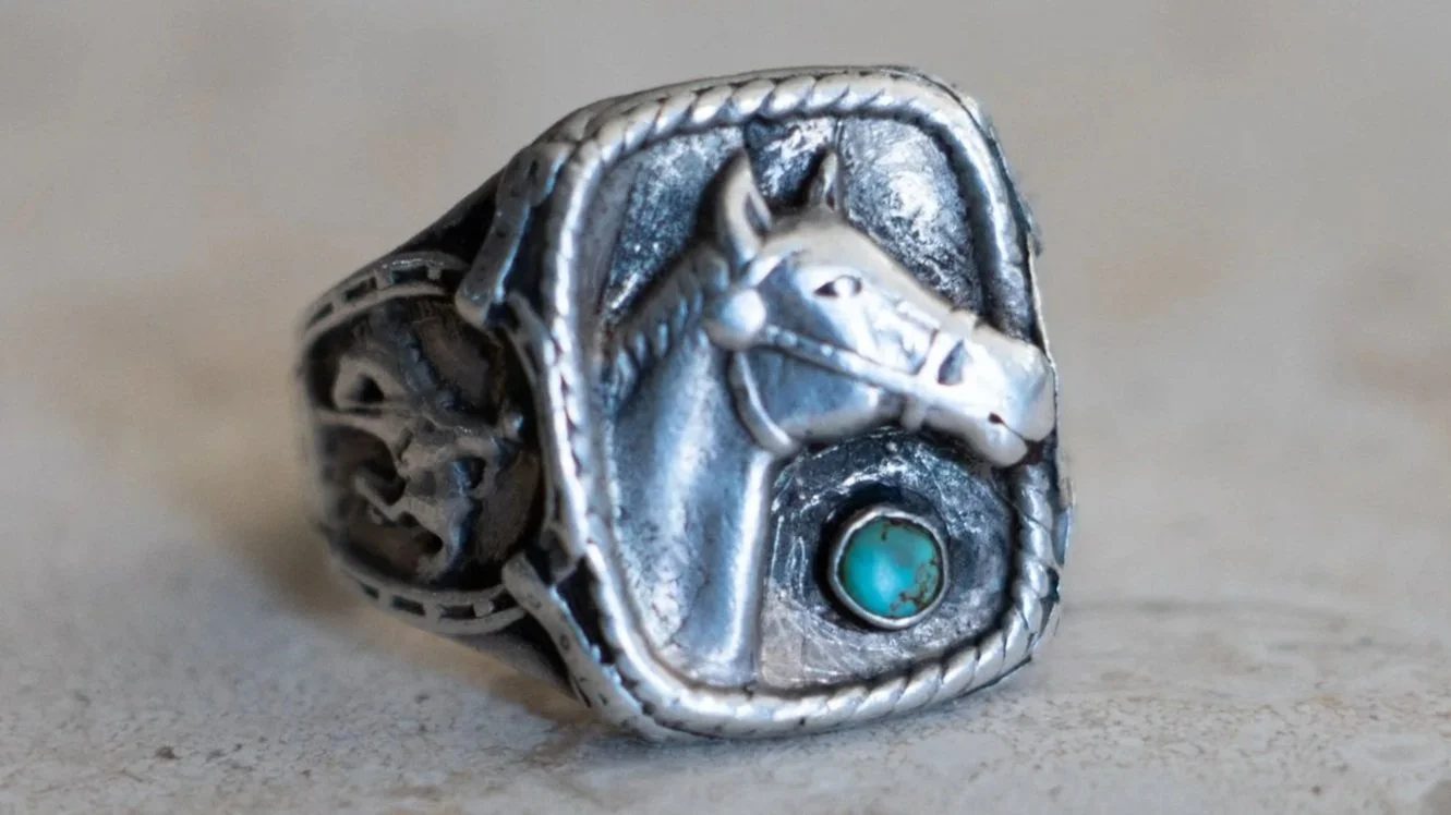 Rare Early Bell Trading Post Turquoise Cab Horseshoe Ring Size-10.5