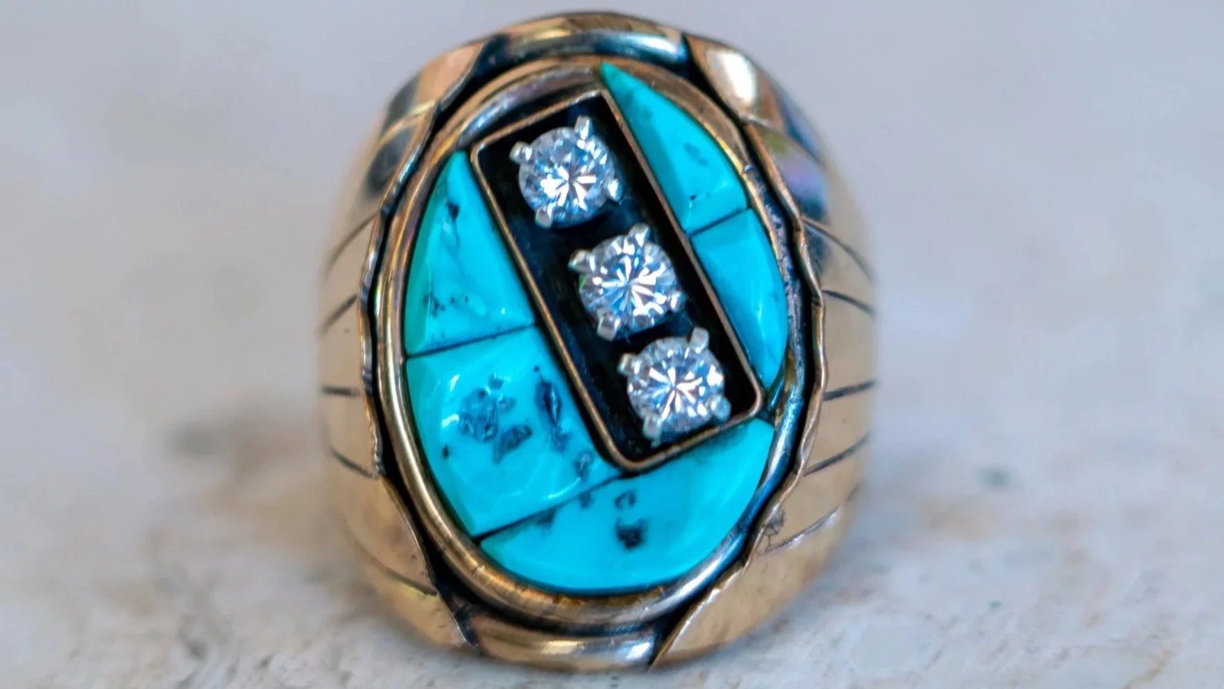 Vintage Sterling, Gold, and Turquoise Ring Size-9.5