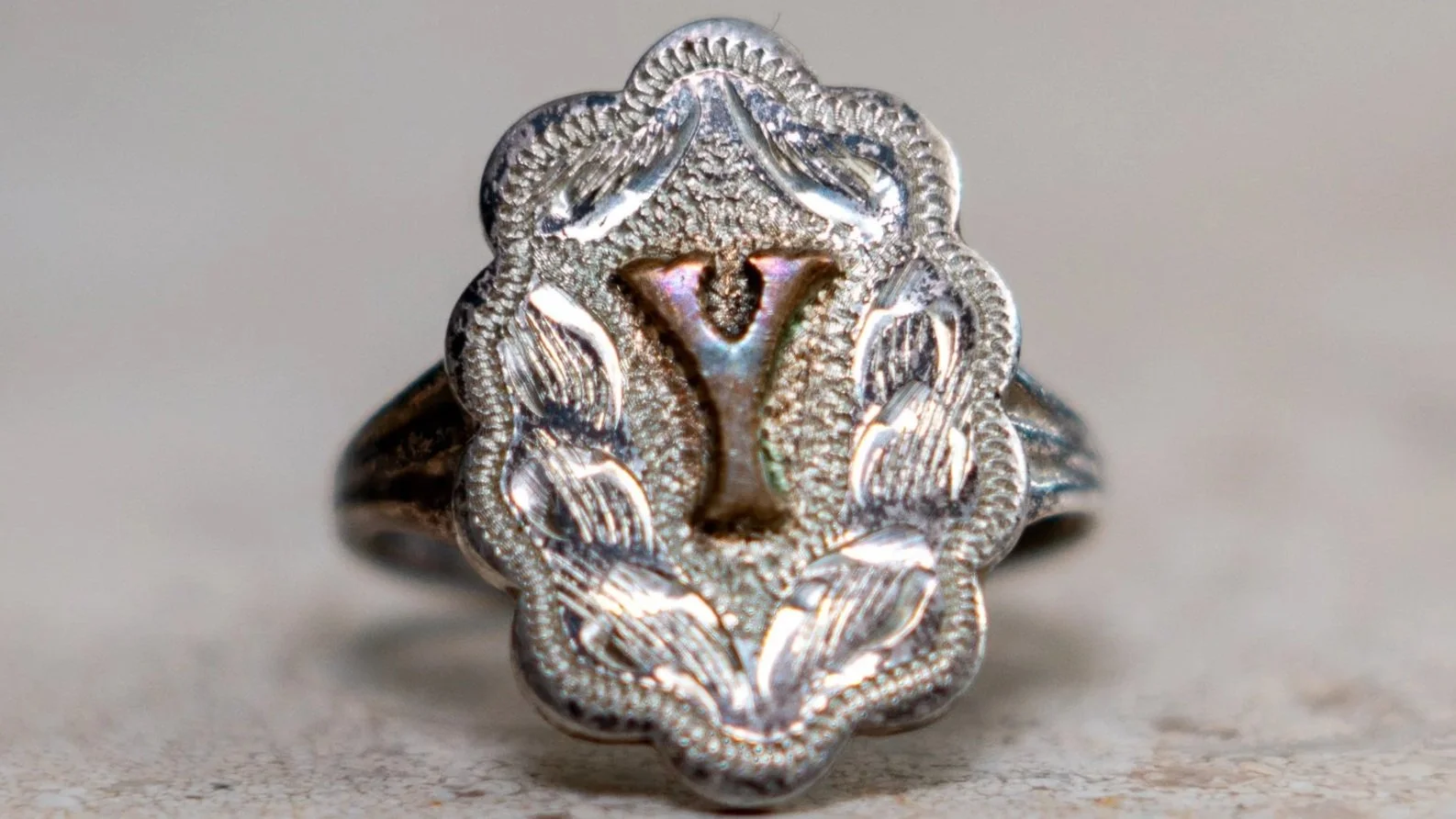 Hand Engraved "Y" Initial Ring Size-6