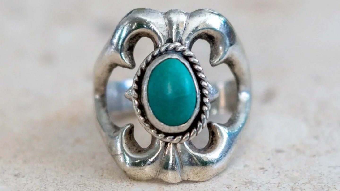 Mid Century Sand Cast Turquoise Ring #1 Size-10