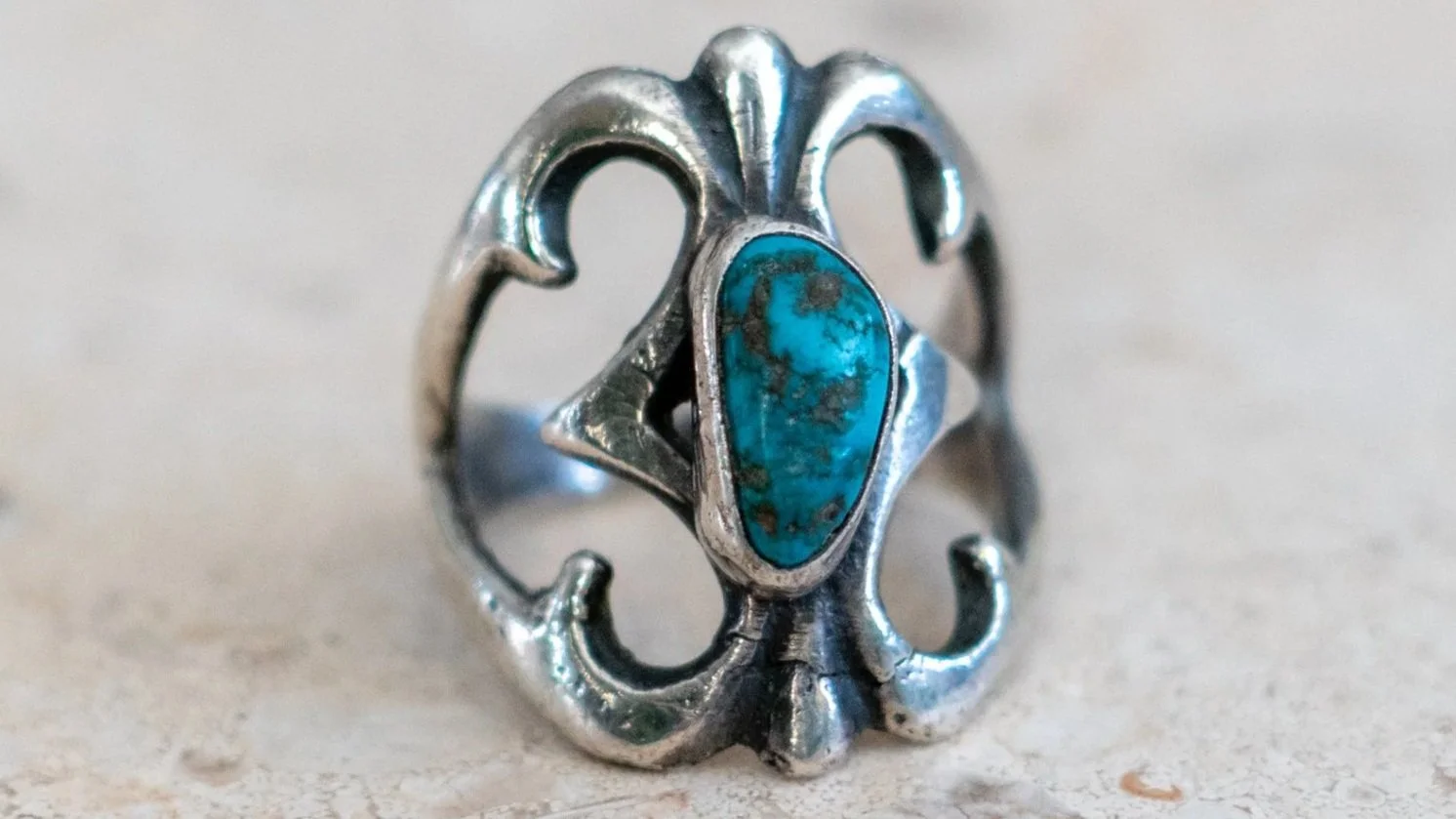 Mid Century Sand Cast Turquoise Ring #3 Size-7