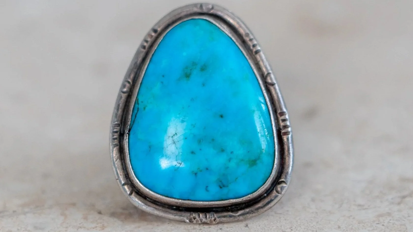 Huge Turquoise 1960s Hand Silver smithed Ring Size-9.5