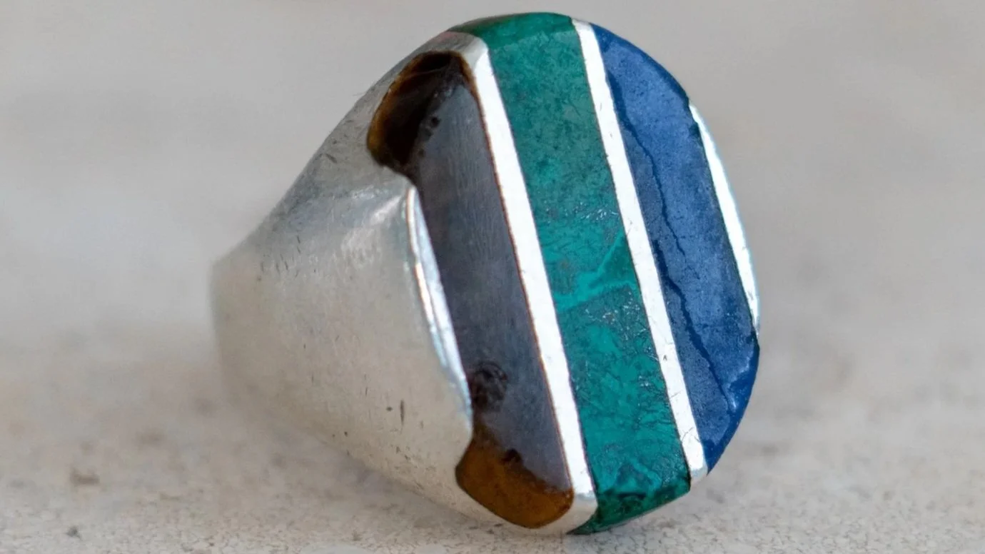 Heavy 22 Gram Sterling 1950s Mexico Inlay Ring Size-10