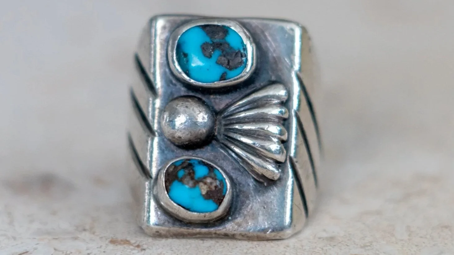 Chunky Mid Century Double Turquoise Inlay Ring Size-8.5
