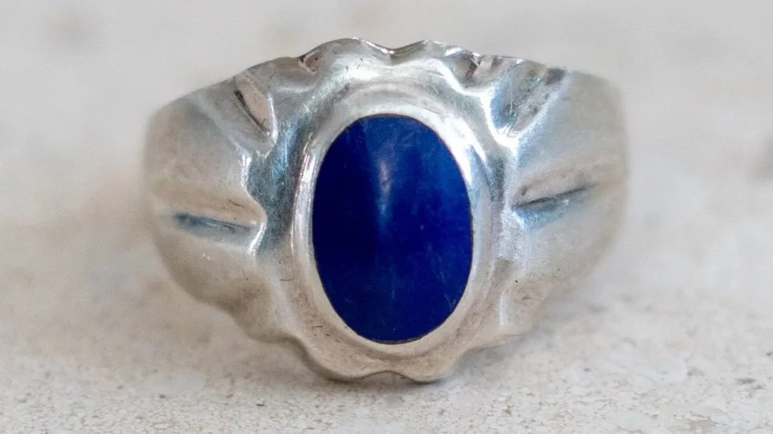 Vintage Mexico Star Burst Scalloped Shank Lapis Ring Size-10