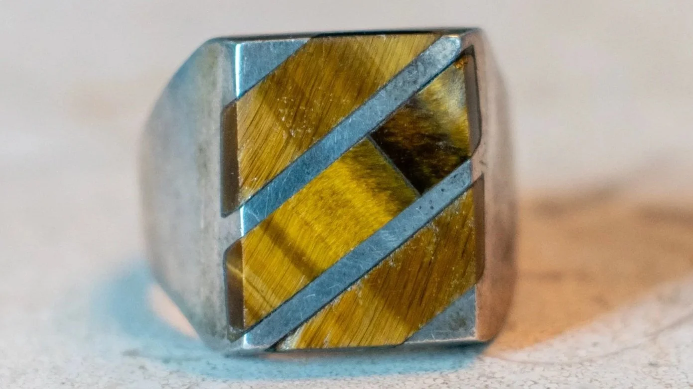 Heavy Vintage Mexico Made Tiger's Eye Inlay Ring Size-11.5