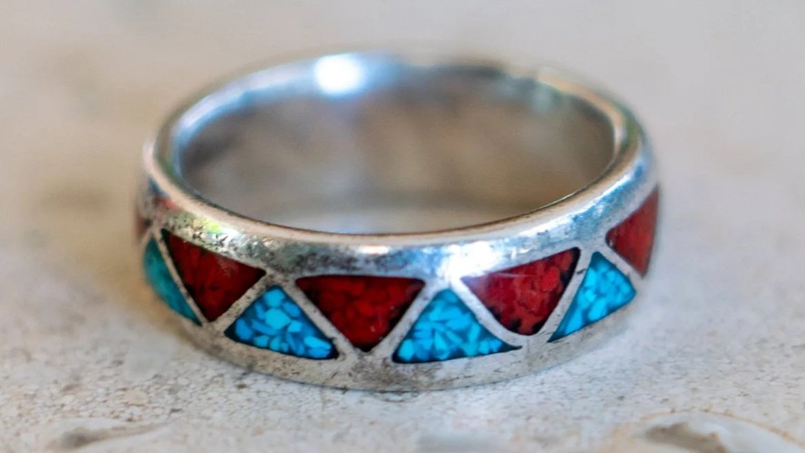 1970s Crushed Turquoise and Coral Sterling Band Size-8