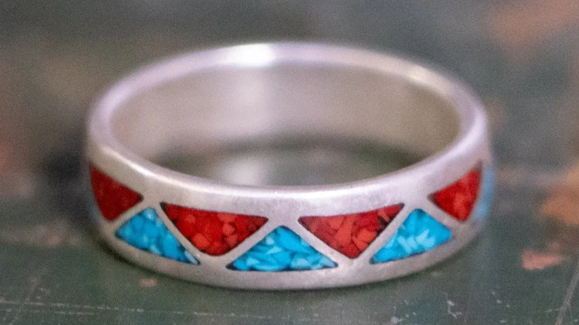 1970s Crushed Turquoise and Coral Sterling Band Size-10