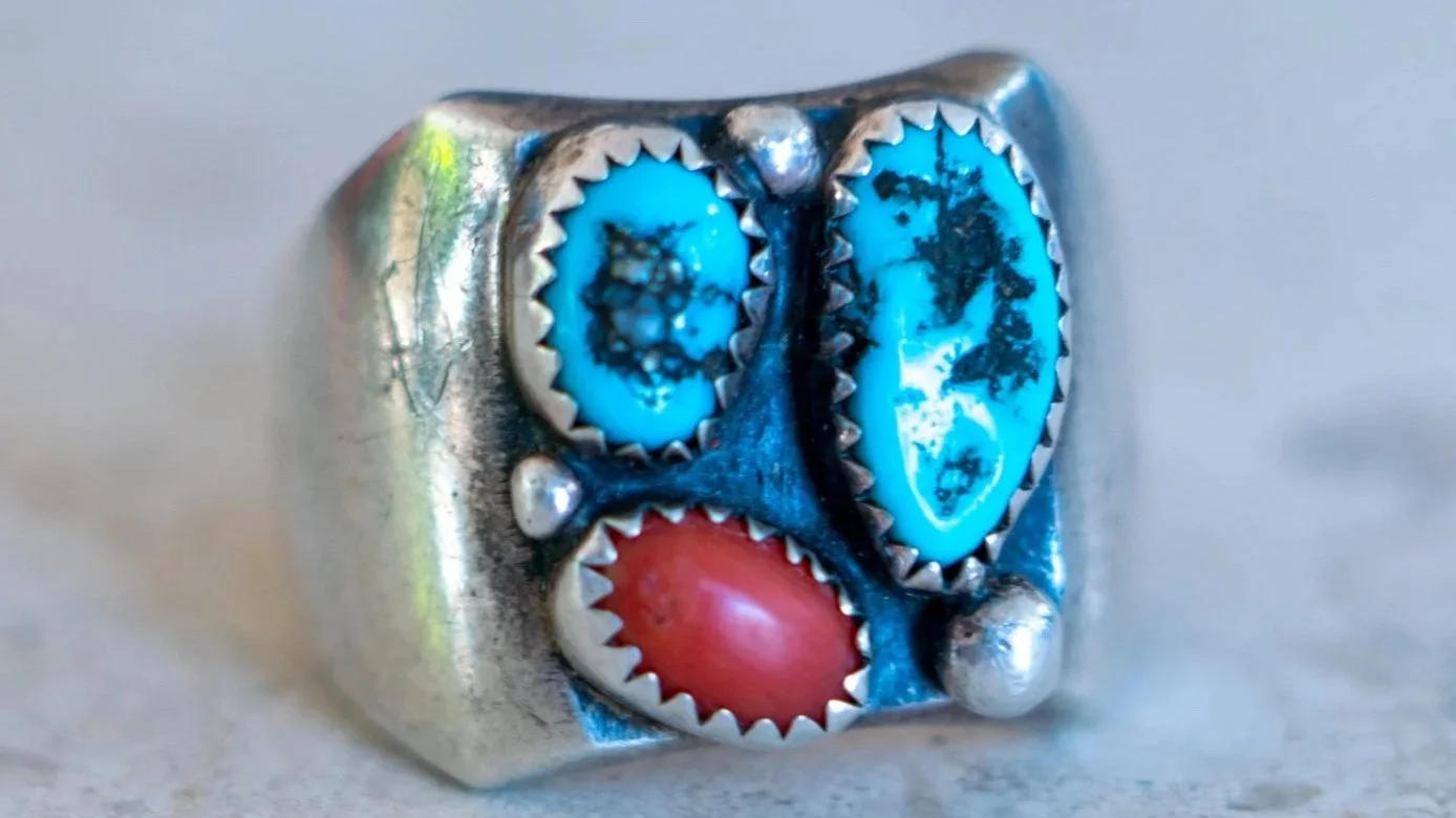 Vintage Coral and Turquoise Nugget Ring Size-10