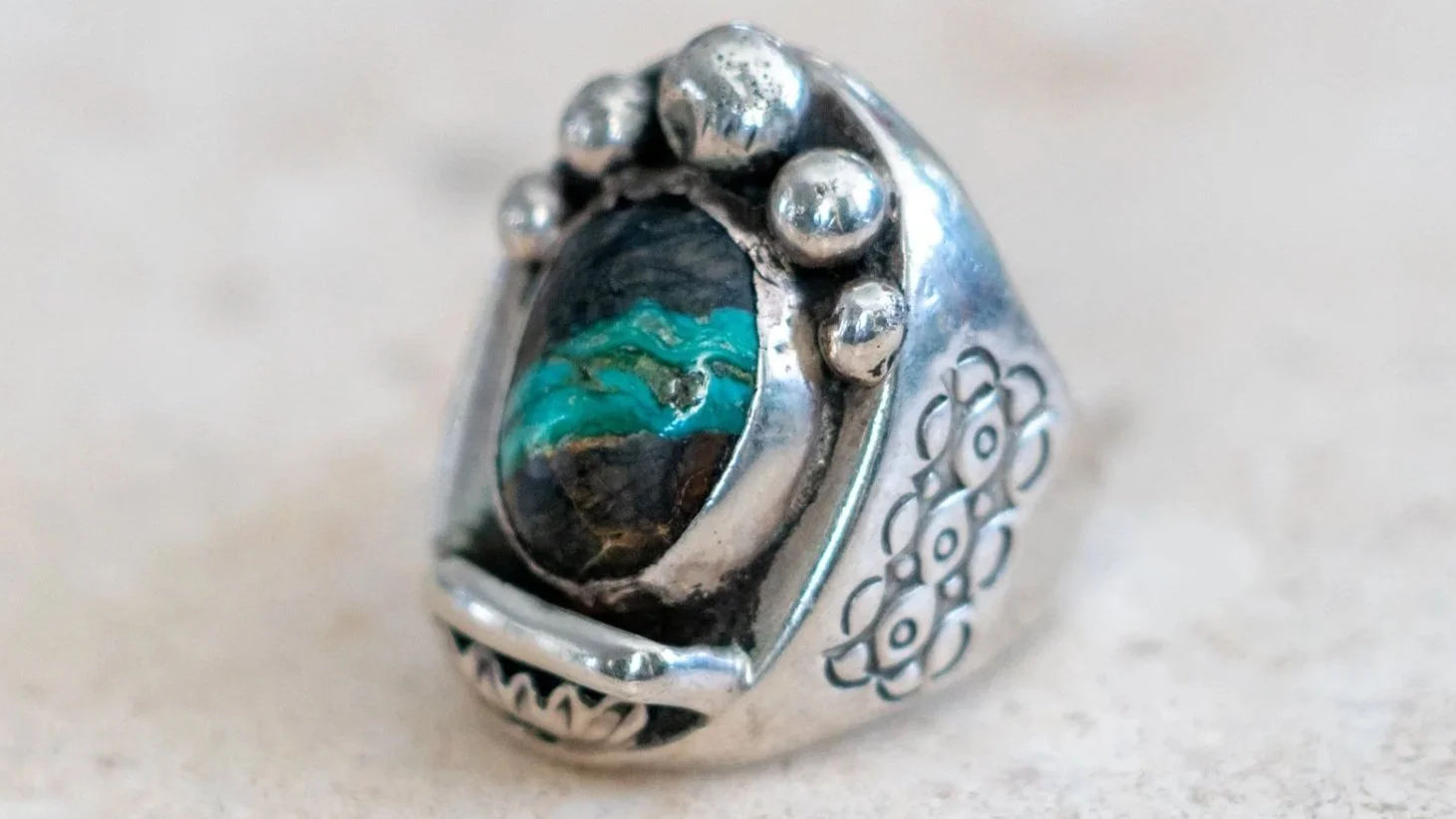 Ornate Striped Black Jack Turquoise Southwestern Ring Size-9