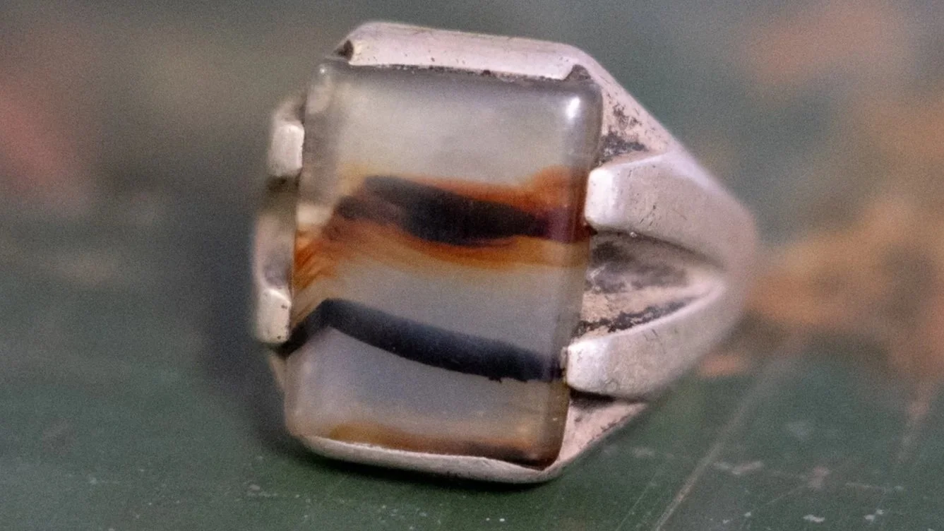 Art Deco Agate Sterling Ring Size-8